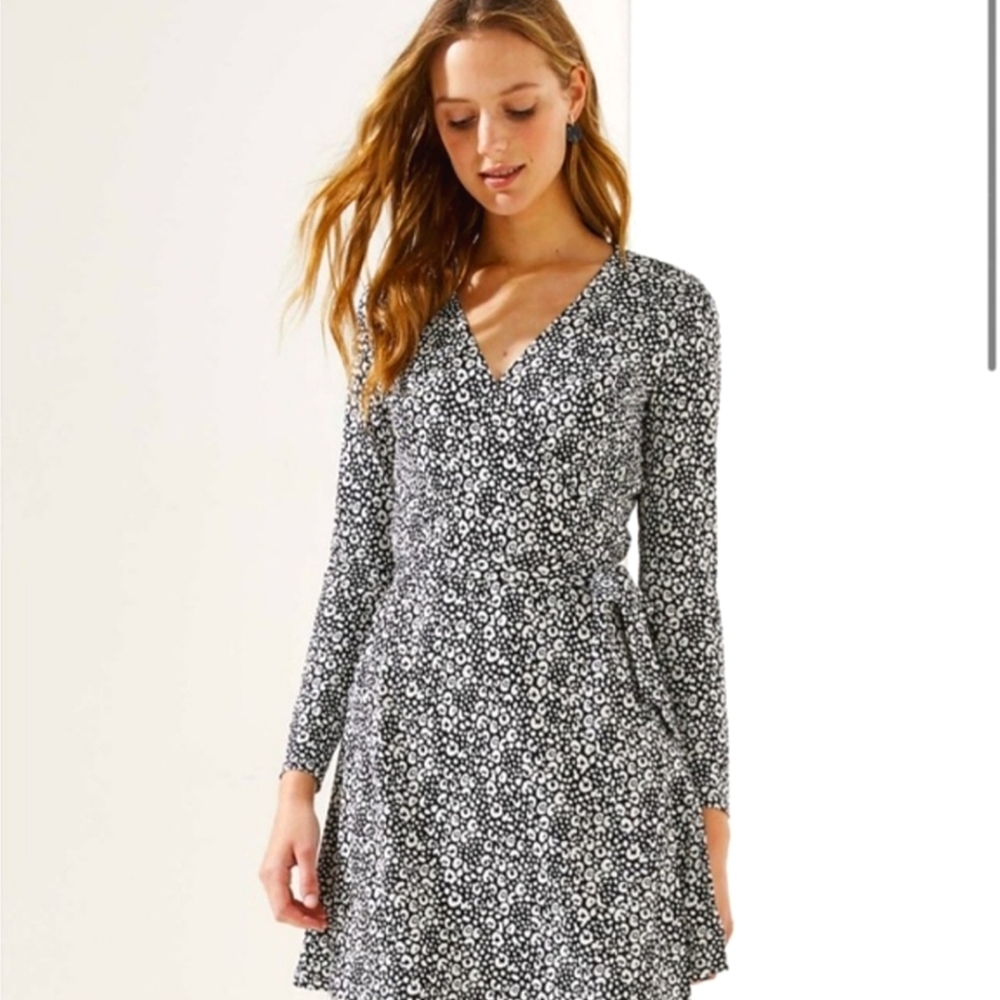 NWOT LOFT Leopard Print Black and White Jersey Long Sleeve Wrap Dress 00P